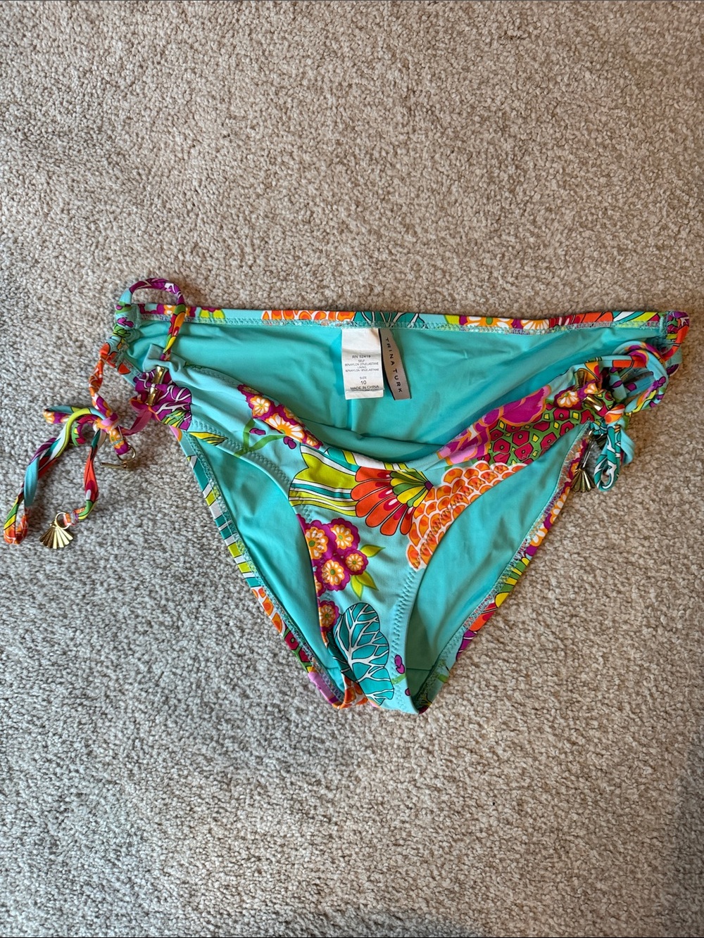 Trina Turk Turquoise Floral Trim Bikini Bottoms